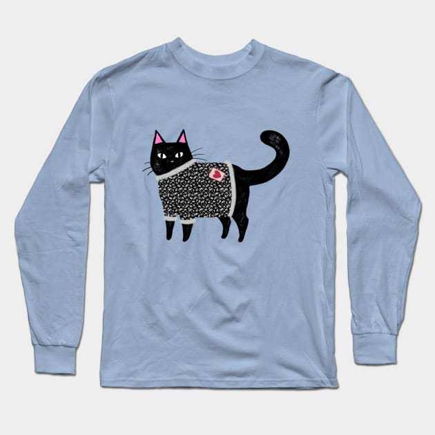 Black Cat in a Sweater Long Sleeve T-Shirt by dragonstarart